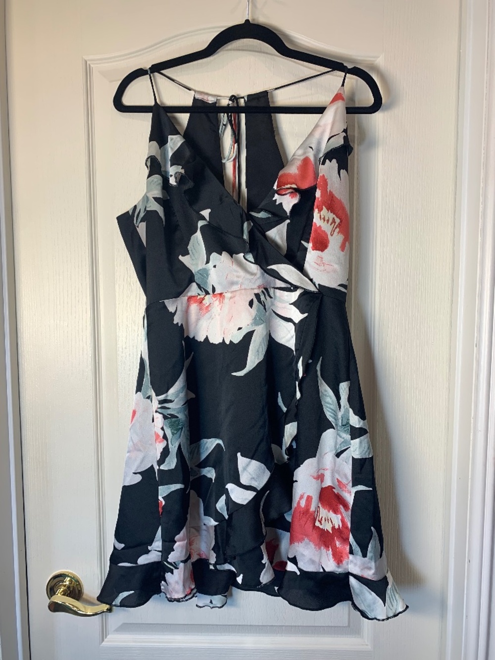 Black Floral Ruffle Open-Back Mini Dress for Parties & Weddings, L  Dynamite